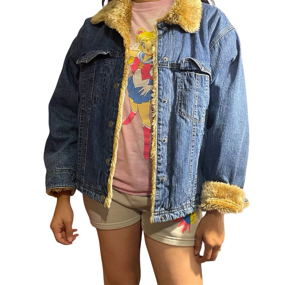 Wrangler Outerwear 90s Denim Trucker Jacket XXL Blue Faux Fur Heavy Thick Coat